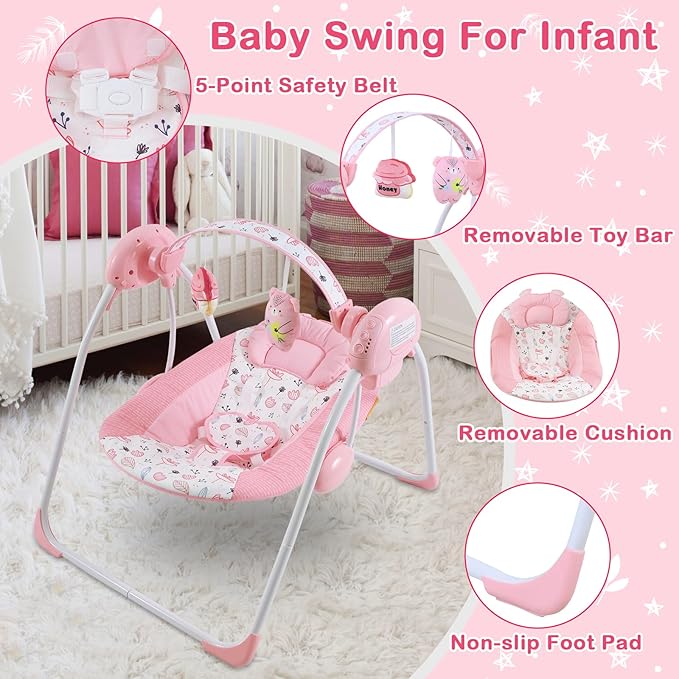 Baby Swing for Baby Girl,Newborn Swing with Music,5 Speed Levels,Timing Setting,Soft Cushion,Pink Foldable Infant Swing for Indoor Outdoor Use 0-9 Months