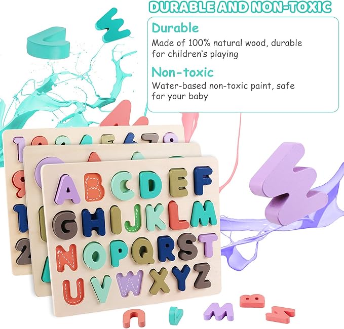 Wooden Puzzles for Toddlers, Kesletney Wooden Alphabet Number Shape Learning Puzzles for Kids, Preschool Educational Toys Gift for Boys Girls Ages 3 4 5 6 Years Old