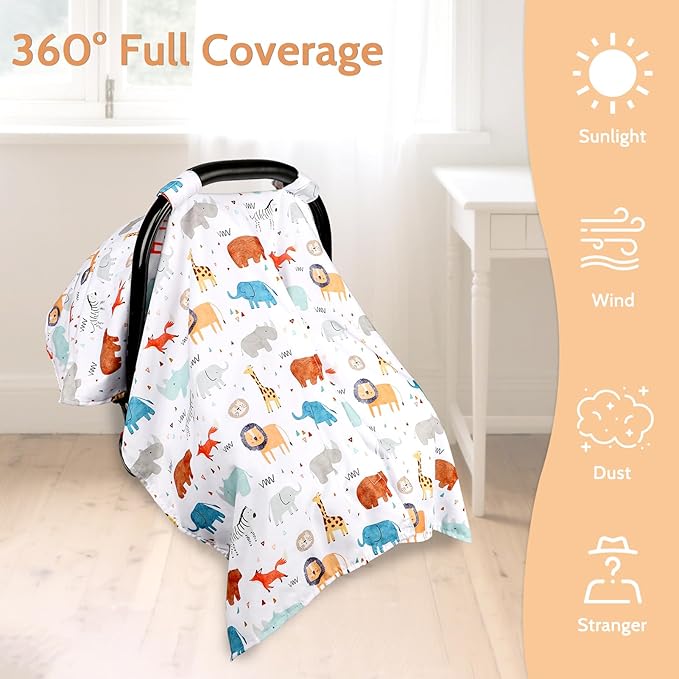 ManFaiSky Car Seat Cover Baby, Soft Carseat Covers Baby Girl, Multi-Use Nursing Cover & Infant Carseat Canopy, Animals