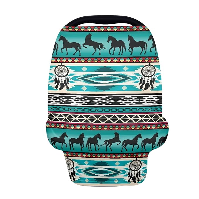 AFPANQZ Aztec Horses Retro Nursing Cover Breastfeeding Scarf Baby Car Seat Covers for Boys Girls Infant Carseat Canopy Stretchy Soft Breathable Cover Up for Stroller High Chair Turquoise Green