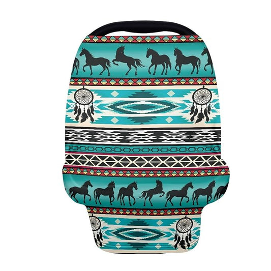 AFPANQZ Aztec Horses Retro Nursing Cover Breastfeeding Scarf Baby Car Seat Covers for Boys Girls Infant Carseat Canopy Stretchy Soft Breathable Cover Up for Stroller High Chair Turquoise Green