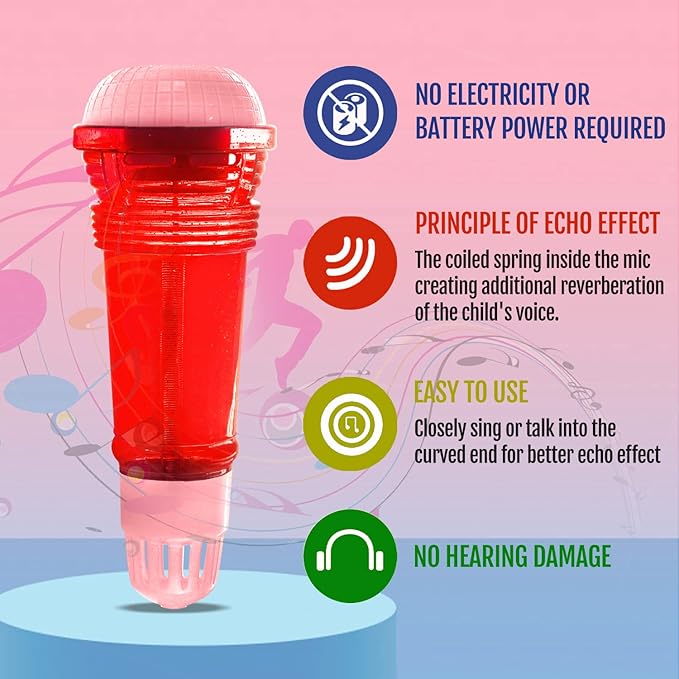 Novelty Place Echo Mic for Kids and Toddlers - Battery-Free Magic Karaoke Microphone Voice Amplifying Retro Toy for Singing, Speech & Communication Therapy - 10" (Red & Pink)