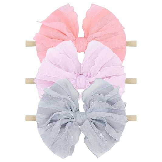 Baby Girls Stretchy Soft Knot Headbands with Hair Bows Newborn Toddler Hairbands Infant Toddlers Kids Hair Accessories Purple Gray Pink 3 PCS