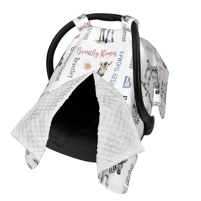 Personalized Baby Car Seat Canopy Minky Zebra Baby Blanket Custom Name Baby Car Seat Cover Girls Boys Infant Newborn Carseat Canopy Nursing Cover for Stroller Car Seat Canopies