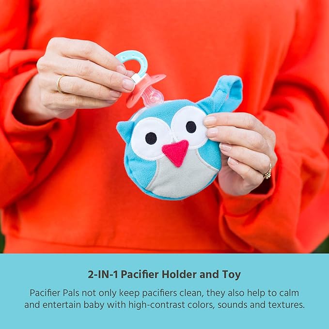 J.L. Childress Pacifier Pal - Pacifier Holder Case and Toy - Plush Binky Holder Toy - Developmental Toy Helps Calm Baby in The Car - Opens with One Hand - Fits 2-3 Binkys - Teal Owl