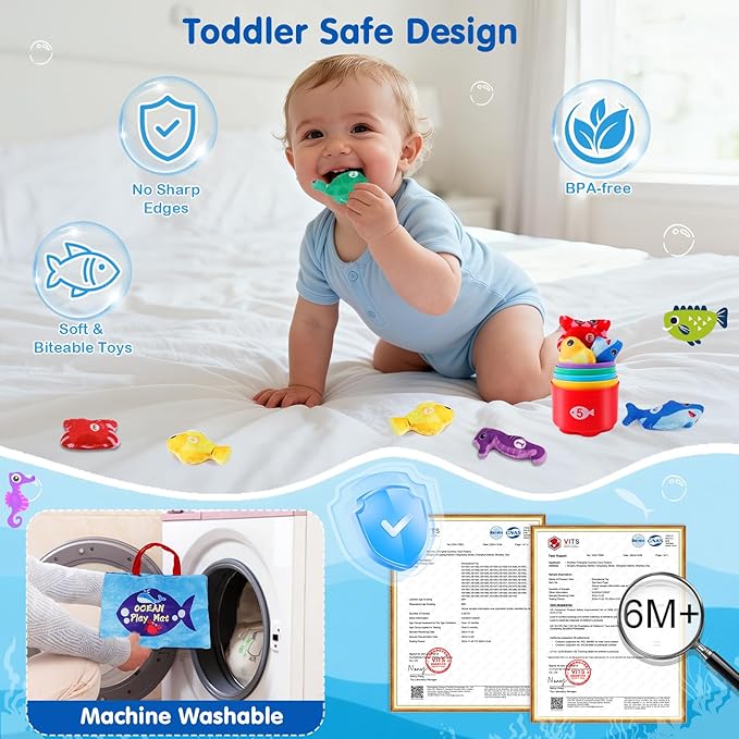 Montessori Toys for 1-2 Year Old - Cloth Ocean Fishing Game with Stacking Cups, Toddler Learning Toy for 12-18 Months, First Birthday Gifts for 1 Year Old Boy Girl, Learn Count and Sort Colors