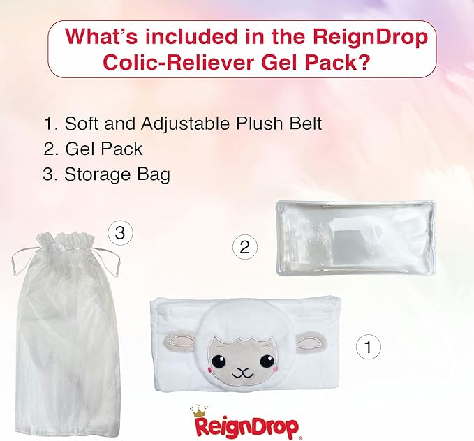 ReignDrop Colic Relief for Newborns – Gas Relief Set with Belly Band, Gel Pack, Storage Bag – Soothing Calming Warm or Cold Compression Baby Belly Belt (Lamb Gel Pack)