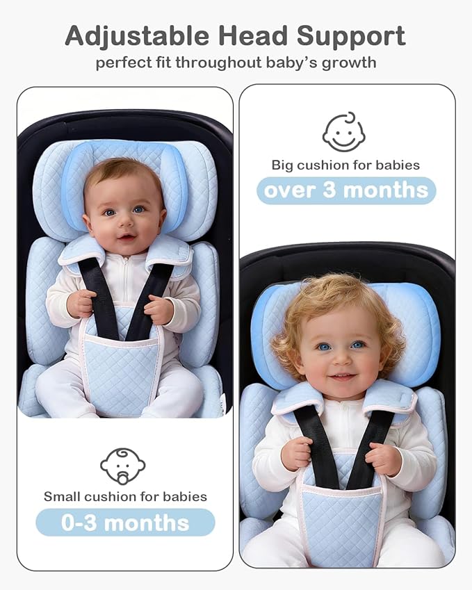 Infant Car Seat Insert Adjustable Head Support for Preemie Newborn Toddler, Reversible Baby Head Body Support Cushion for Carseats and Strollers Side Impact Protection - Light Blue