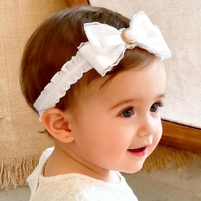 Baby Girls Headband White Bow Lace Headbands Soft Elastic Bowknot Hairbands Cute Hair Accessory for Newborn Kids Infant Toddler Baptism Birthday Party (Bow B)