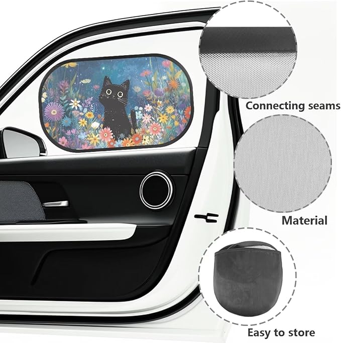 Bulopur Floral Black Cat Window Shades for Car 2 Pack Side Windshield Sun Shade UV Protection Breathable Car Sunshade Side Window Universal Auto Interior Accessories