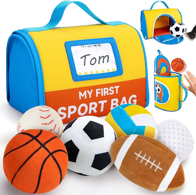 teytoy My First Sports Bag for Baby,Stuffed Plush Playset with Soft Basketball,Baseball,Football,Soccer,Golf Ball,Volleyball Baby Birthday Gift Toys for 1 Year Old Boys Girls