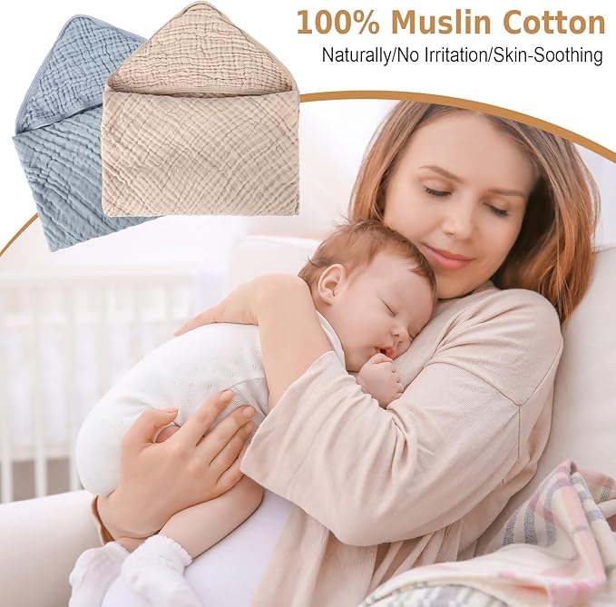 2 Pack Baby Hooded Bath Towel Muslin Cotton 32x32 Inches Brown and Misty Blue Neutral Style Elegant Colors Ultra Soft Absorbent
