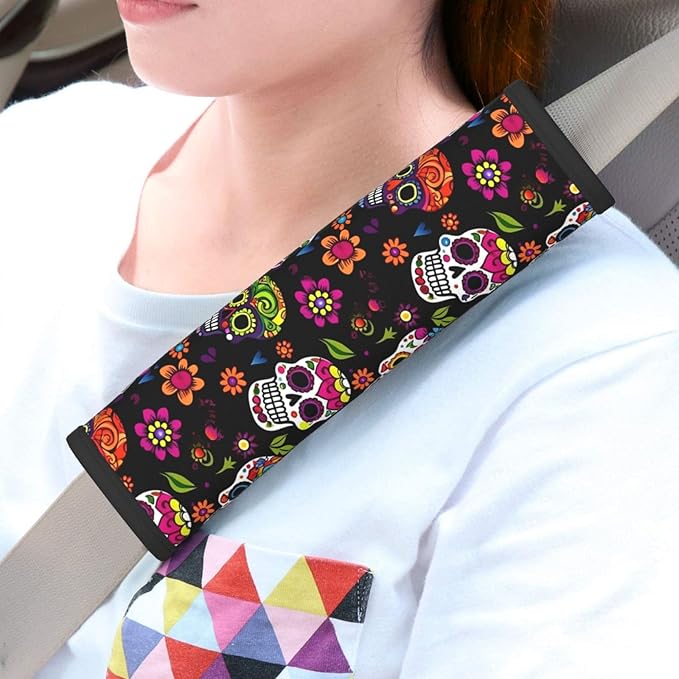 Sugar Skulls Flowers Seat Belt Cover Fits Cars Trucks SUV Sedans Sweat Absorption Car Seatbelt Strap Cover, Auto Interior Accessories Protecto