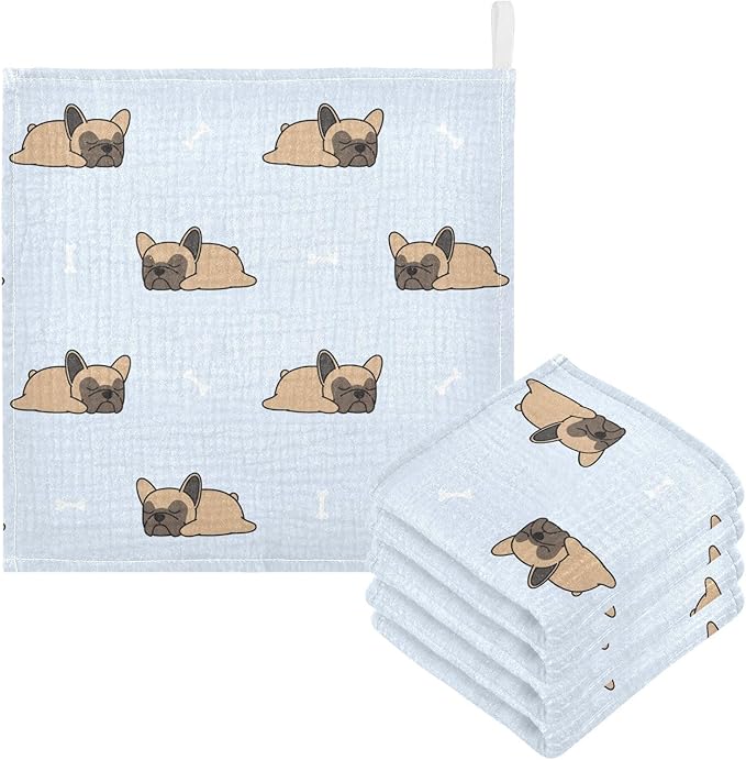 vvfelixl Cute French Bulldog Sleeping Baby Burp Cloths Baby Muslin Washcloths for Boys Girls Cotton Baby Face Towel for Newborn Infants Soft and Absorbent 11.8 X 11.8 in, 5 Pack
