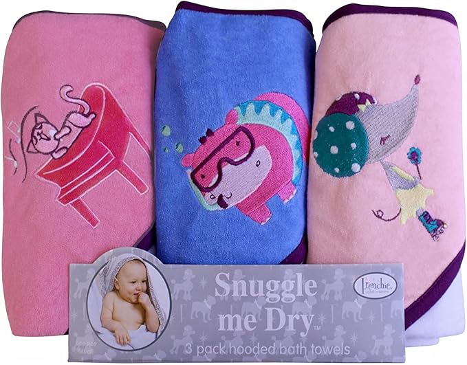 Frenchie Mini Couture, Hooded Bath Towels for Babies, 80% Cotton/20% Polyester, Kitty/Hippo/Mouse Baby Bath Towel Set, Pack of 3