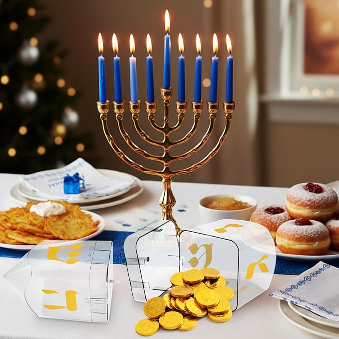 Large Fillable Dreidels for Hanukkah, Pack of 4 Plastic Dreidels Bulk, Clear Large Dreidels That Bring Joy and Tradition to Every Celebration