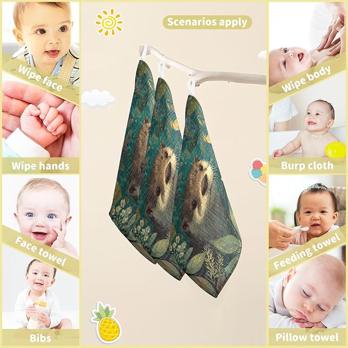 Newborn Face Towel Otter Soft Cotton Baby Washcloths 11.8 x 11.8 Inch Infants Girls Boys Muslin Burp Cloths 5 Pack