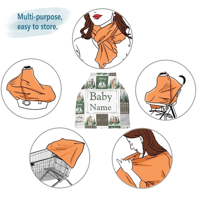 Personalized Multiuse Baby Car Seat Covers for Boys Girls, Custom Name Carseat Canopy, Nursing Breastfeeding Scarf, Gift for Newborn Babies, Infant Stroller Cover, Woodland Animal