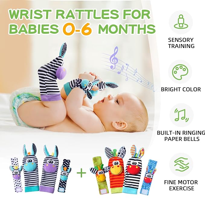 Baby Rattle Socks Set, Hand and Foot Finder Rattles Toys for Babies 0-6 Months, Infant Shower Gifts Set with Wrist Rattle Socks, Newborn Sensory Toy for Boys Girls 0-12 Months