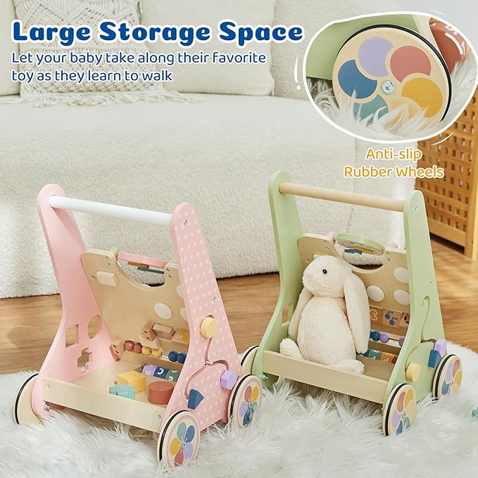 Wooden Baby Walker with Activity Center, Baby Push Walker for 1 Year Old Boys & Girls, Montessori Learning Walking Toy with Wheels, Toddler Push Toy with Storage Box 12 Months+