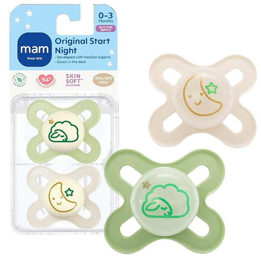 MAM Original Start Baby Pacifiers 0-3 Months, BPA-Free Skin Soft Silicone Nipple, Glows in The Dark, Developed with Medical Experts Specially for Smaller Newborn Mouths, 2 Pk with Sterilizer Case