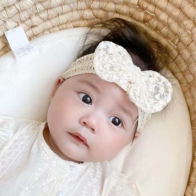 Lace White Bow-knot Baby Girls Headband Birthday Shower Infant Wrap Elastic Flower Baby Turban Hairband for Newborn Infant Toddler Kids (Ivory B, Elastic)