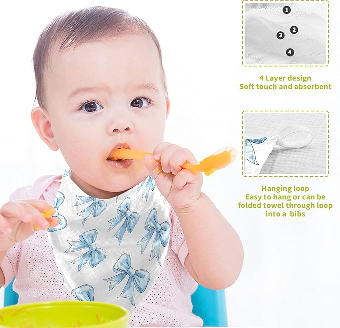 vvfelixl Baby Muslin Washcloths Light Blue Silk Bow Baby Burp Cloths Cotton Babys Face Towel for Newborn Infants Boys Girls Soft and Absorbent 11.8 X 11.8 in, 3 Pack