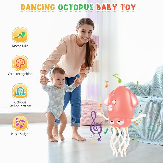 Magic Dancing Octopus Toy, Squid Crawling Toy with LED Light & Music, USB Rechargeable Interactive Baby Toys, Tummy Time Toys for Toddler Boys Girls Birthday (Pink)