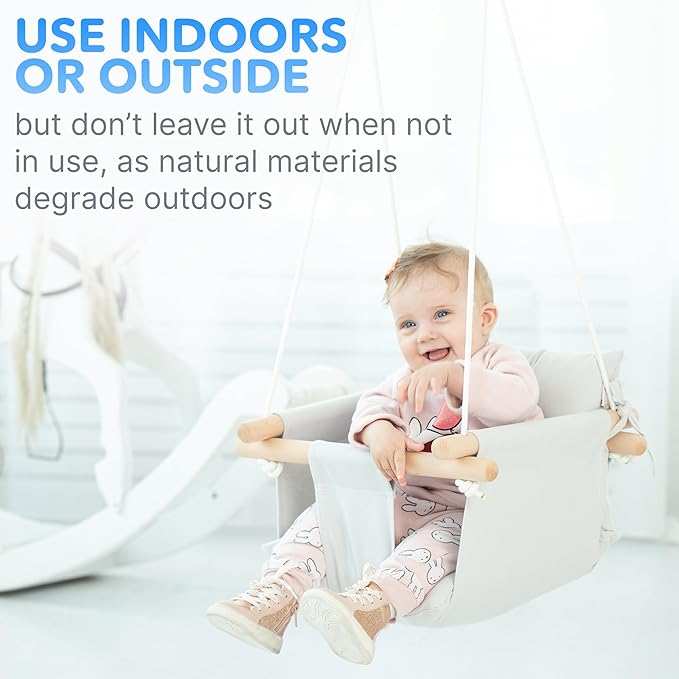 CaTeam - Canvas Baby Swing, Wooden Hanging Swing Seat Chair with Safety Belt, Durable Baby Swing Chair, Outdoor and Indoor Swing for Kids, Mounting Hardware Included, Gray