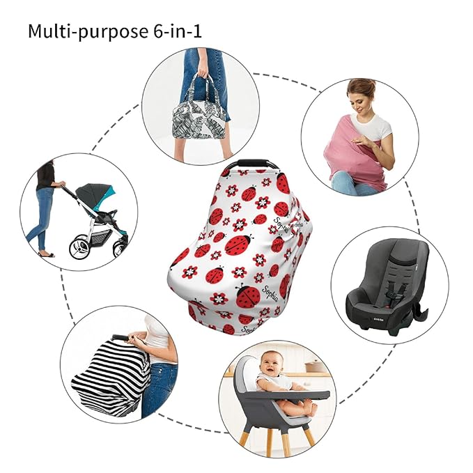 Personalized Baby Car Seat Cover for Boys Girls, Custom Lady Bug Nursing Covers for Breastfeeding with Name, Infant Stroller Cover, Baby Carseat Canopy for Newborn, Multiuse Car Seat Canopies