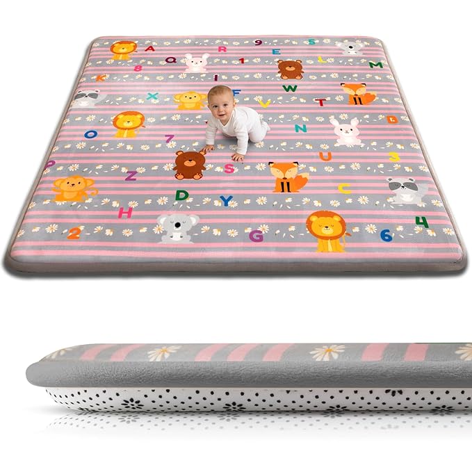 RONGFA Baby Play Mat for Floor, 71'' x 59'' Thicken Foam Padded Playmat for Tummy Time, Playpen Mat for Toddlers Infant Kids, Water-Repellent Coral Velvet, Non-Slip Bottom Safe for Crawling (Lion)