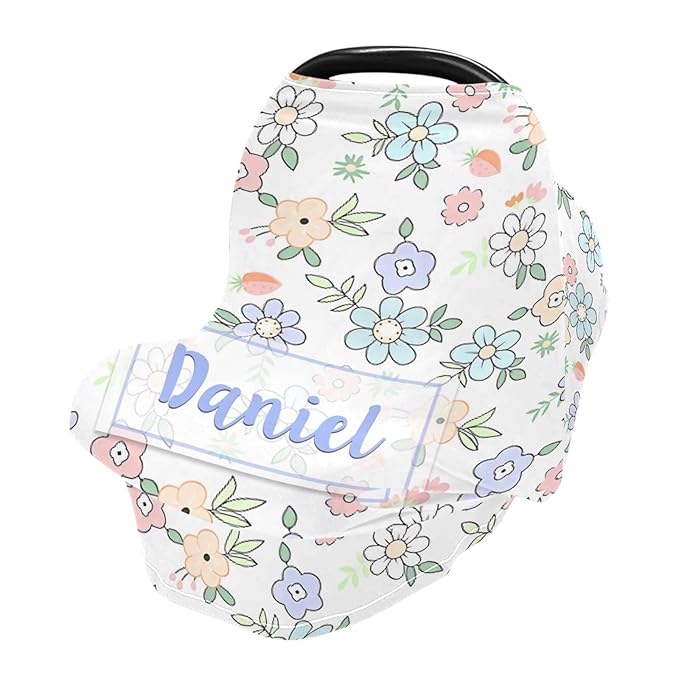 Personalized Baby Car Seat Cover for Babies, Custom Name Baby Car Seats Canopy for Girls, Nursing Breastfeeding Stroller Covers for Infant Newborn, Shower Gift for Baby (Floral Flower)