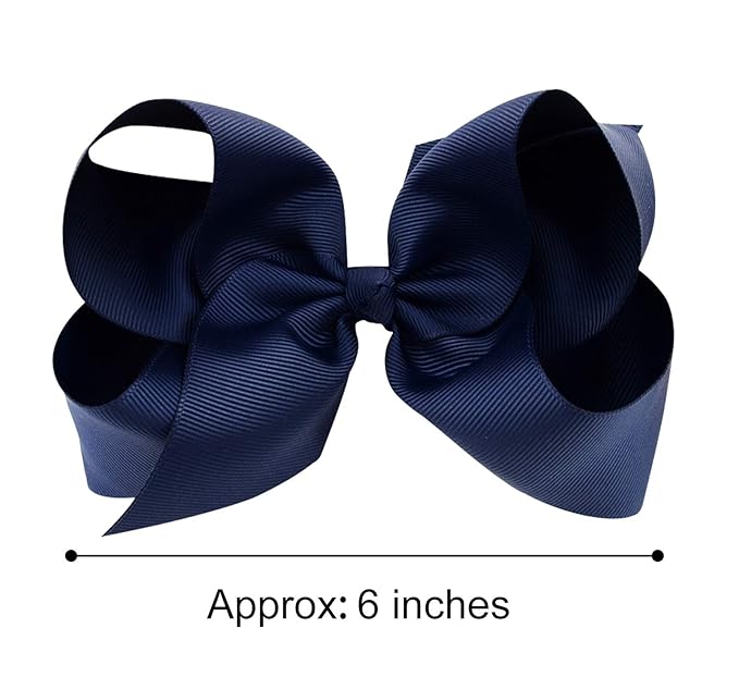 DEEKA 2 PCS 6" Big Hand-made Grosgrain Ribbon Solid Color Hair Bows Alligator Clips Hair Accessories for Little Teen Toddler Girls Kids Set of 2 -Navy Blue