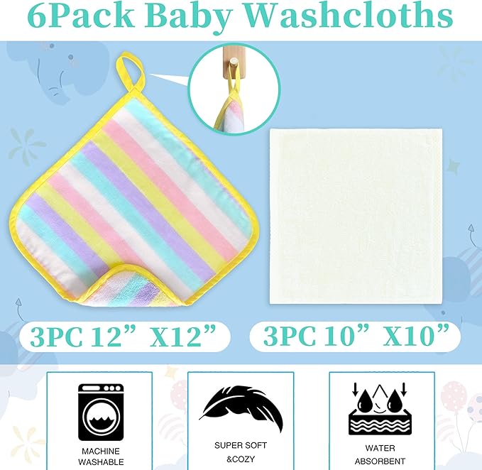 VOOVA & MOVAS Rainbow & Ivory 6 Pack Baby Washcloths – 100% Cotton, 12"x12" – Highly Absorbent & Ultra-Soft – Newborn Towels – Baby Essentials, Perfect Set