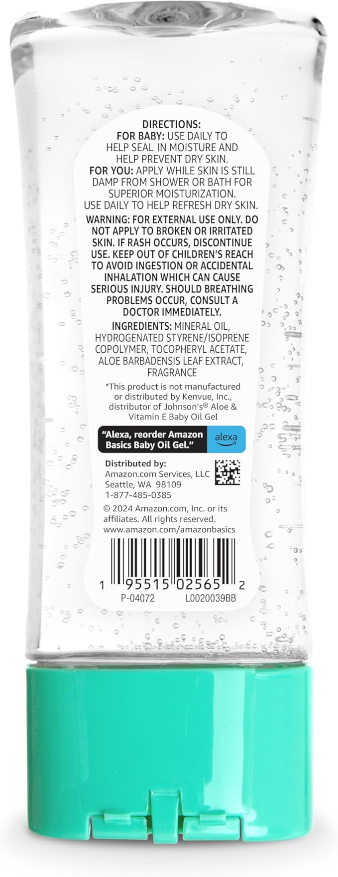 Amazon Basics Baby Oil Gel with Aloe Vera & Vitamin E, Moisturizing, Fast Absorbing, No-Mess, Dermatologist Tested, 6.5 fl oz, Pack of 1 (Previously Solimo)