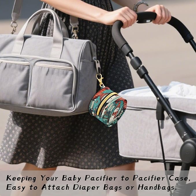 Pacifier Holder with Clip Pacifier Case for Diaper Bag Round Baby Pacifier Pouch Box Bag Portable Christmas Snowman Blue
