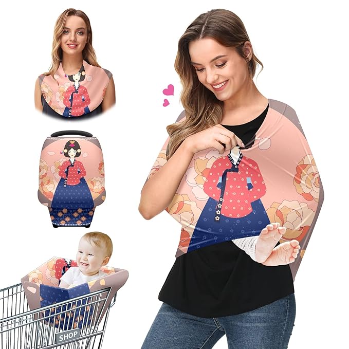 Baby Car Seat Stroller Covers Lady in Hanbok Traditional Korean Women Nursing Cover Breastfeeding Scarf Soft Breathable Stretchy Coverage Carseat Canopy Cover for Boys and Girls Multi Use Baby