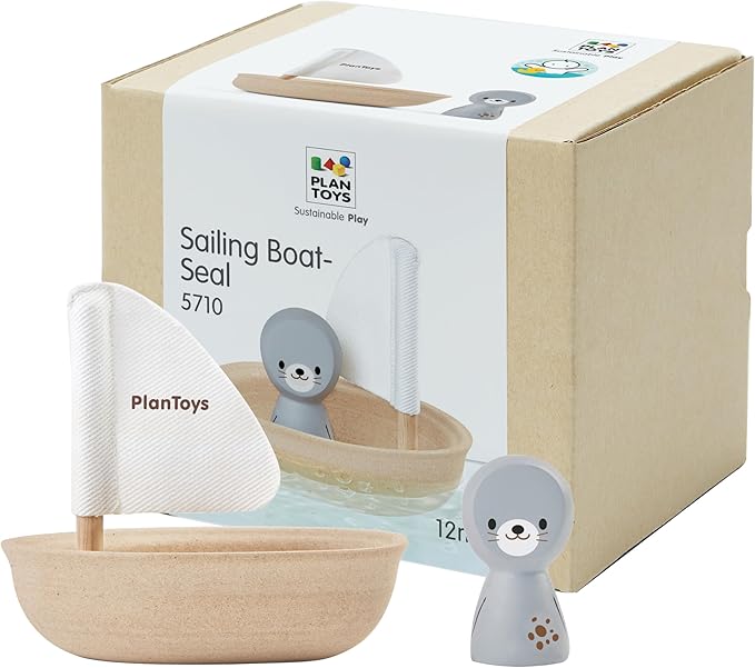 PlanToys® Wooden Sailing Boat Toy with Seal | Bath Time Water Toy for Floating Play, Imagination & Gentle Sensory Exploration | Eco Friendly Toy for Bath and Water Play