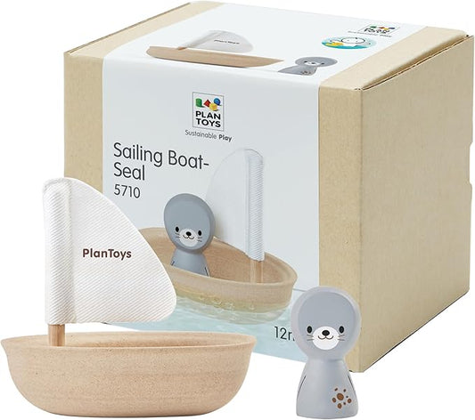 PlanToys® Wooden Sailing Boat Toy with Seal | Bath Time Water Toy for Floating Play, Imagination & Gentle Sensory Exploration | Eco Friendly Toy for Bath and Water Play