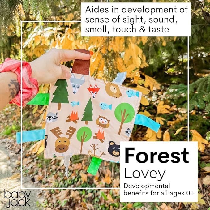Baby Jack & Co 8x8” Forest Woodland Animal Lovey Tag Toys for Babies - Crinkle Toys for Developing 5 Senses - Soft & Safe - Learn Shapes & Colors - Soother & Tummy Time - BPA Free w/Stroller Clip