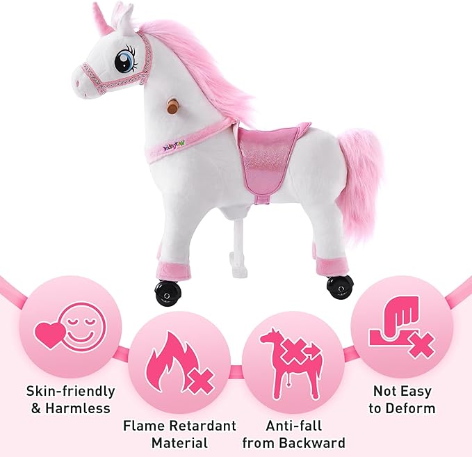 Ride on Horse Unicorn Toy for Kids Riding Horse Pony Rider Mechanical Cycle Walking Action Plush Animal for 3 to 4 Years, No Battery or Electricity,Max Load 132 LBS, Small Size