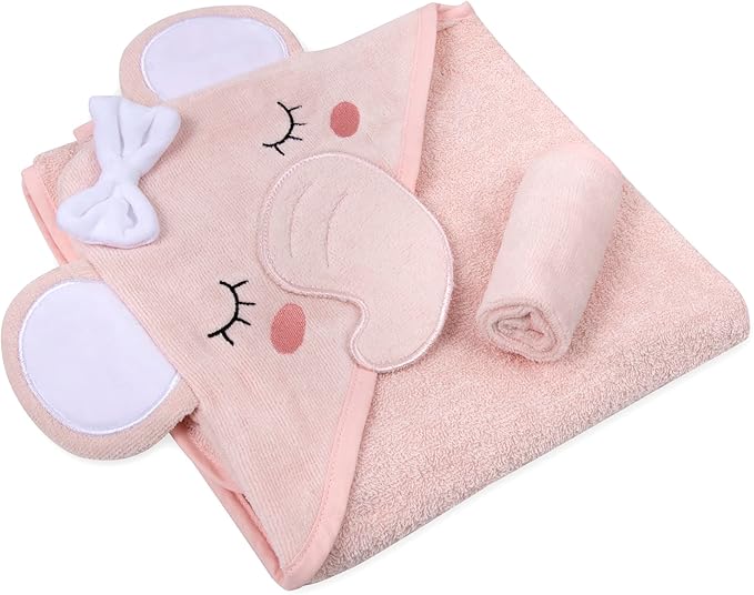 Baby Animal Hooded Towel and Washcloth Set for Newborns, Infants, Toddlers Boys and Girls 3-24 Months (Delicate Pink Elephant)
