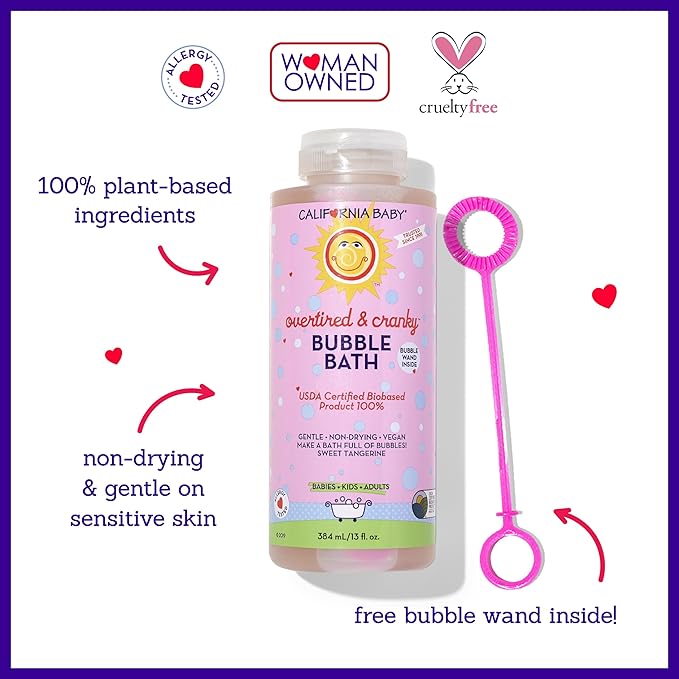 California Baby Overtired & Cranky Bubble Bath | 100% Plant-Based Kids Bubble Bath | Uplifting Scent | Baby Bubble Bath + Bubble Wand | 384 mL / 13oz