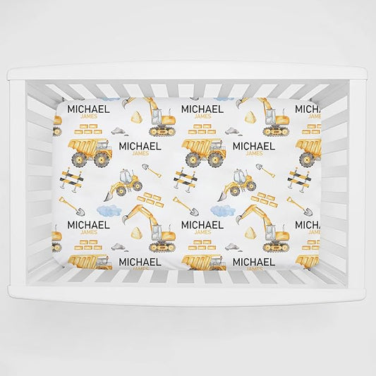 Personalized Pack and Play Sheets with Name, Custom Construction Baby Mini Crib Sheets for Baby Boys, Name Pack n Play, Fitted Sheet with Name, Soft and Breathable Material, 39x27x5 Inch