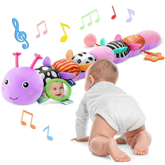 AWOTOY Baby Toys 6-12 Months Music Caterpillar Infant Toys Stuffed Animals 0-3-6 Months Teething Tummy Time Sensory Toys with Mirror Rattle&Pull String for Boys Girls Birthday Gifts|Lavender Purple