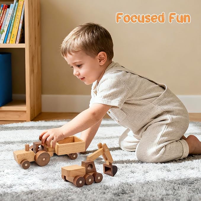 Wooden Toy Cars for 3 Year Old Boys & Girls - Construction Vehicles Set Push Toys for Toddlers, Wood Montessori Car with Rolling Wheels, Natural Wood Toys (Excavator & Tractor)