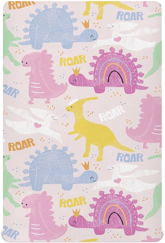 Fitted Crib Sheets Pink Cute Dinosaurs Stretchy Portable Playard Sheets for Baby Toddler, Breathable Soft Mini Crib Mattress 52 x 28 in for Boys and Girls