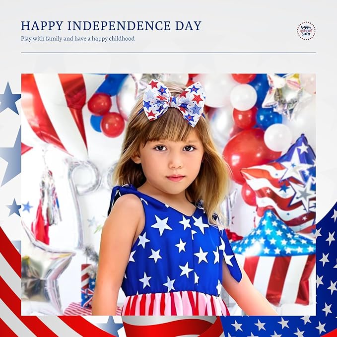 YanJie Fourth of July Patriotic Hair Accessories: Star Spangled Newborn Headbands, Nylon Bows for Infant Toddler Girls in Red, White & Blue