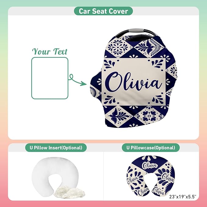 Custom Car Seat Covers for Babies - Breathable Baby Car Seat Cover for Girls Boys, Kick-Proof Newborn Carrier Canopy Stretchy Stroller Cover for 4 Seasons Deep Blue Flower