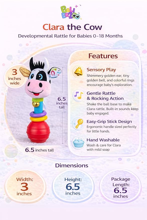 Balibazoo Clara The Cow Baby Rattle – Soft Plush Infant Stick Rattle Toy with Easy-Grip Handle, Golden Bell & Movable Hoops | Developmental Toy for Babies 0-18M